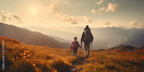 Generative AI, father and son travel in the mountains with backpacks, hiking in nature, father's day card, beautiful sunset, impressive scenery, tourists, traveler family, camping with children