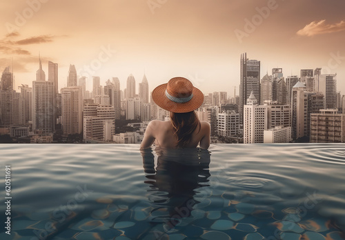 a woman sitting in the pool in the city with a cityscape in background, generative AI