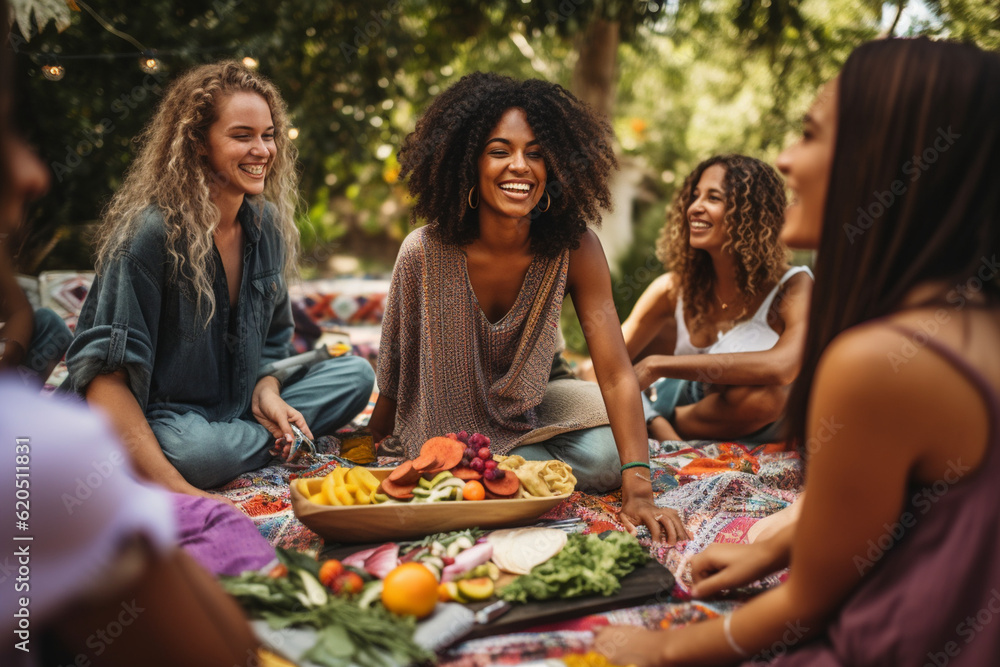 Friends of different ethnicities sharing a picnic, sitting on a colorful blanket and enjoying delicious food Generative AI