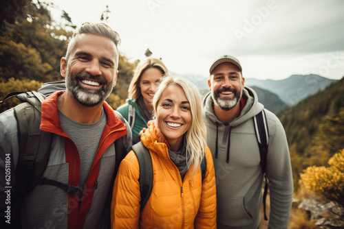 A diverse group of people hiking together on a scenic mountain trail, their arms linked in camaraderie Generative AI