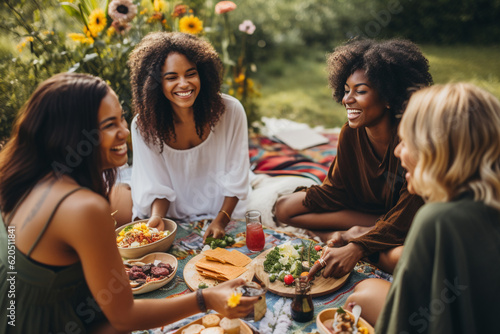 Friends of different ethnicities sharing a picnic  sitting on a colorful blanket and enjoying delicious food Generative AI
