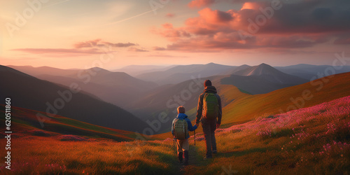 Generative AI, father and son travel in the mountains with backpacks, hiking in nature, father's day card, beautiful sunset, impressive scenery, tourists, traveler family, camping with children