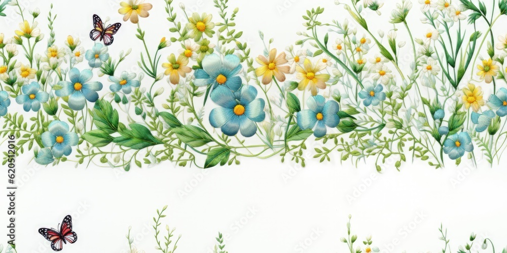 Machine Embroidery Design: Vibrant Greens and Yellows, Butterflies and Flowers, AI Generate Seamless Background for Wedding Stationary, Greetings, Wallpapers, Fashion, Backgrounds, Wrappers, Cards,