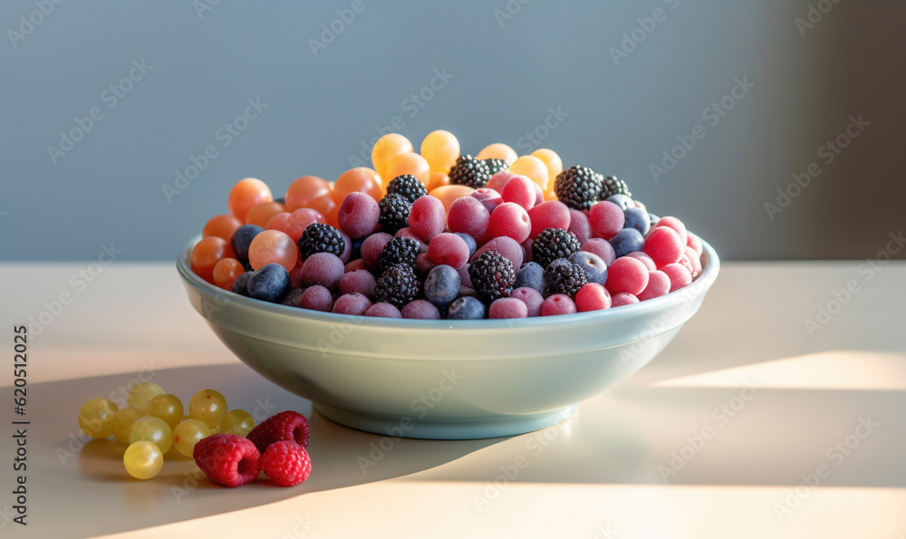a bowl of fruit is sitting on a table next to some gummy bears. generative ai a bowl of fruit is sitting on a table next to some gummy bears. generative ai