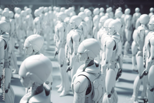Crowd of white android robots  showcasing advanced AI  machine learning  and automation in a sci-fi setting. Humanoid robots as robotic workforce and the growing impact of Industry 4.0  generative AI