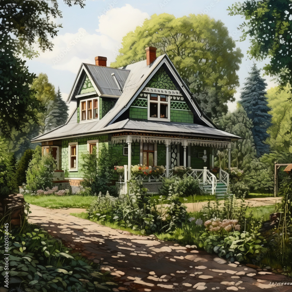 Tranquil Haven: Country House and Family in Serene Shades of Green, White, and Gray