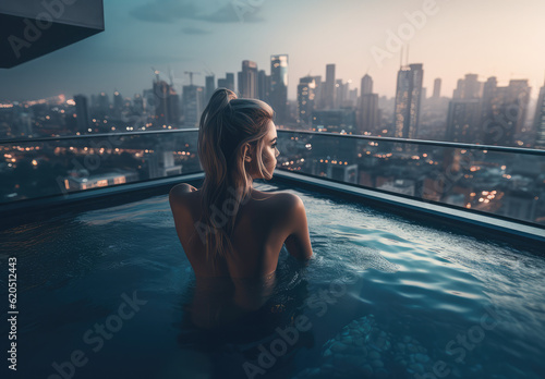 a woman sitting in the pool in the city with a cityscape in background, generative AI