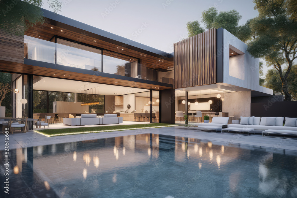 Modern house exterior design. Open plan living room with beautiful kitchen. Cozy patio area with swimming pool, generative AI
