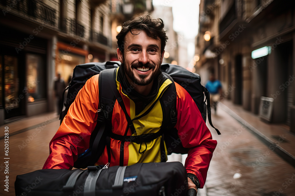 Energetic Delivery Person Cycling Through Urban Landscape. Generative AI. Energetic Delivery Person Cycling Through Urban Landscape. Generative AI.