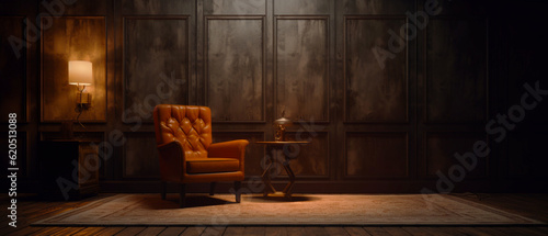 Vintage interior dark empty brown room with leather armchair. Apartment design with copy space. Generative AI