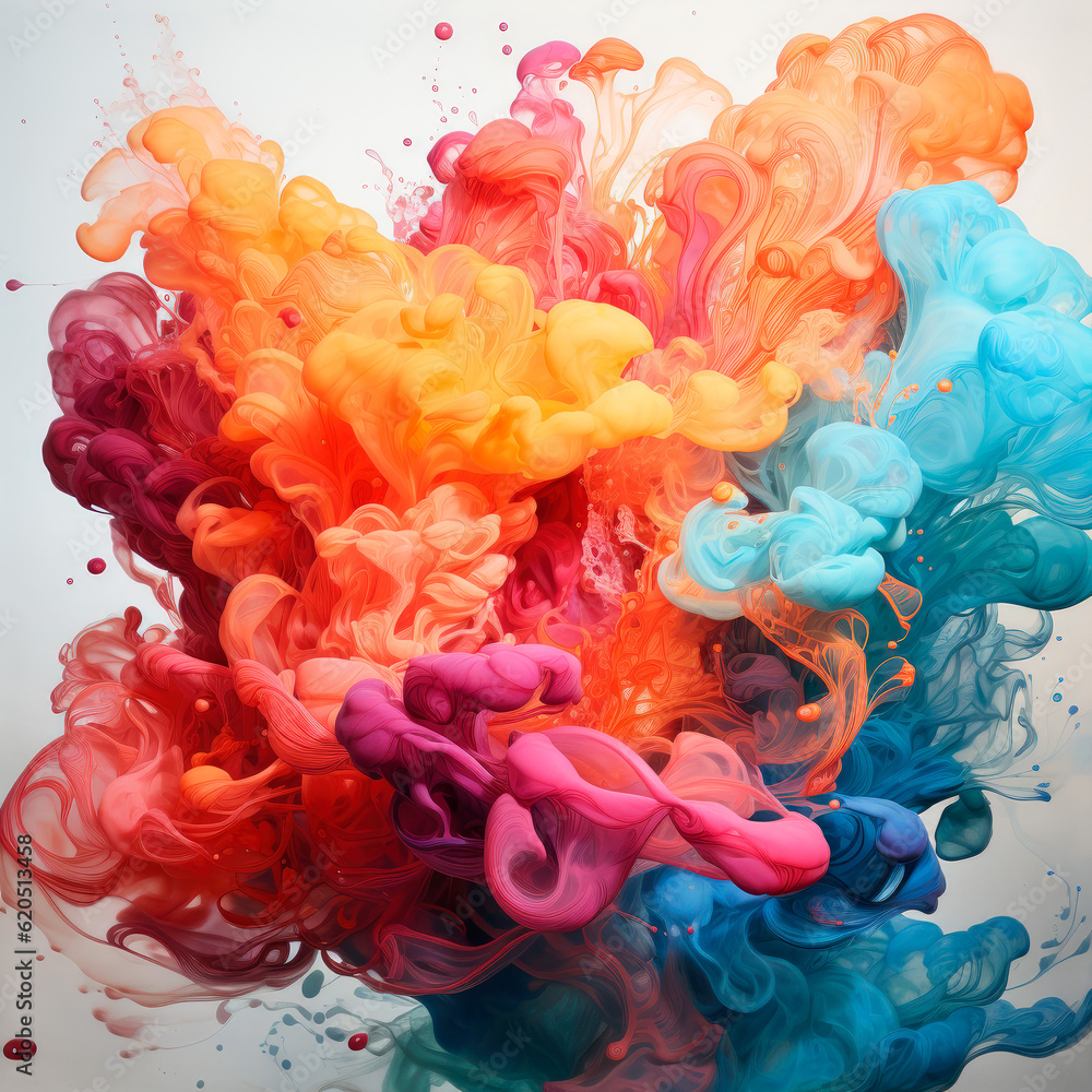 Obraz premium Abstract explosion of colors in paint splashes, isolated on white. Mixed liquid vivid flow, curved dynamic fluid for creative background - Generative AI