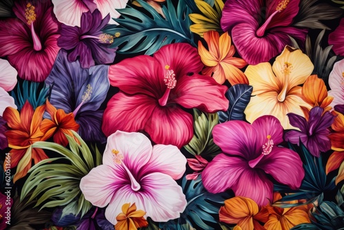 Watercolor nature pattern of tropical flowers Generative AI