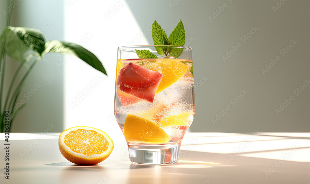 Fototapeta premium a glass of water with ice, lemon, and mint. generative ai