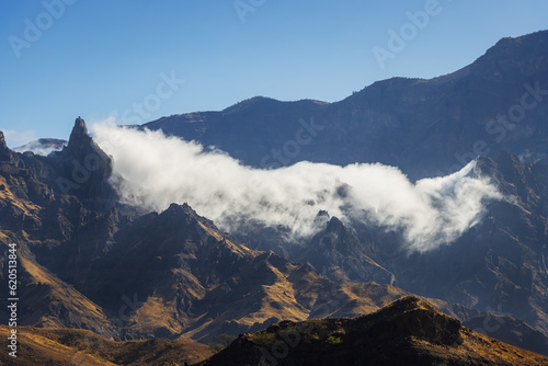 epic view of clouds at mountain rim on Santo Ant  o in Cape Verde