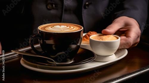 Coffee cappuccino and sugar with a bite of croissant  breakfast coffee set for businessman.