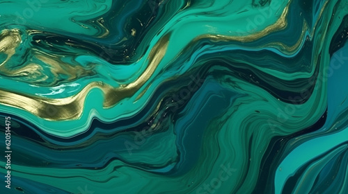 Emerald Green - Marbled Metallic Liquid Paint Wave Pattern Background or Wallpaper - Green, Blue, and Gold Gilding Flowing in Opalescent Shimmer Texture and Tones - Generative AI