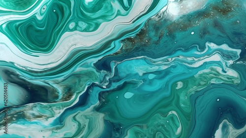 Emerald Green - Marbled Metallic Liquid Paint Wave Pattern Background or Wallpaper - Green, Blue, and Gold Gilding Flowing in Opalescent Shimmer Texture and Tones - Generative AI © AnArtificialWonder