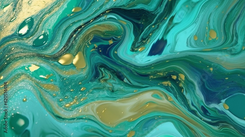 Emerald Green - Marbled Metallic Liquid Paint Wave Pattern Background or Wallpaper - Green, Blue, and Gold Gilding Flowing in Opalescent Shimmer Texture and Tones - Generative AI