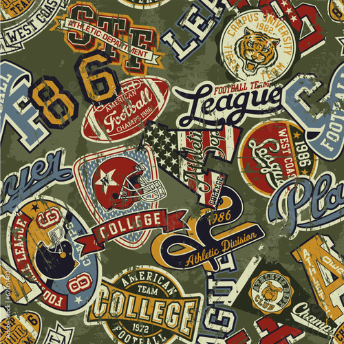 College American football team vintage badges patches and symbols collage grunge vector seamless pattern 