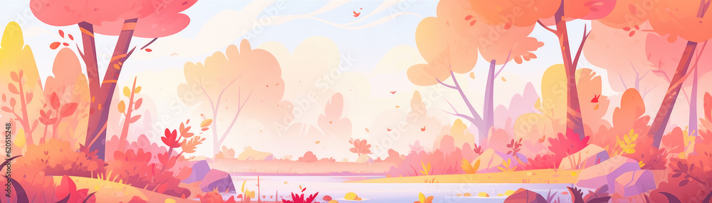 Panorama of autumn forest in soft pastel colors. Banner background