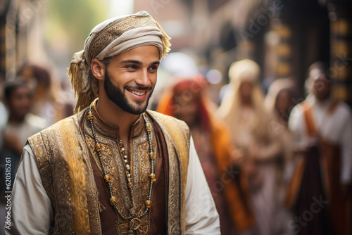 the cultural diversity within the Muslim community, featuring a Muslim guy dressed in traditional attire from his specific cultural background, emphasizing the richness and beauty Generative AI © forenna