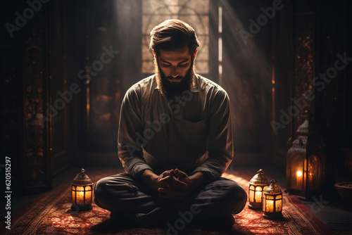 the moment of spiritual devotion of a Muslim guy during prayer, reflecting his connection with his faith and the importance of spirituality in his life. Generative AI