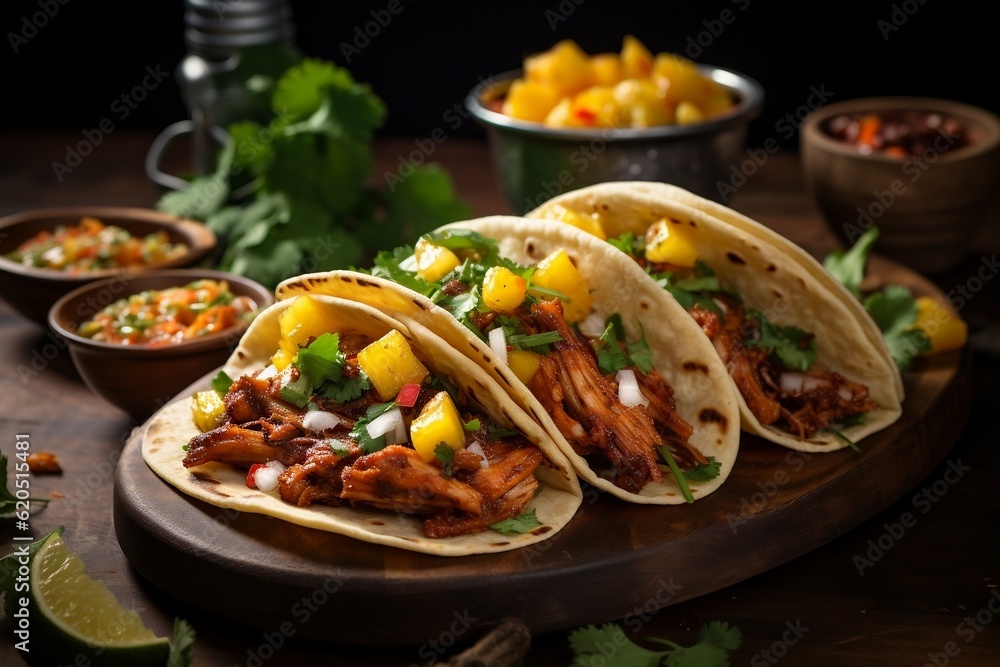 Three tacos with meat, pineapple salsa, and cilantro. AI