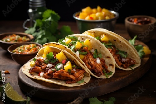 Three tacos with meat, pineapple salsa, and cilantro. AI