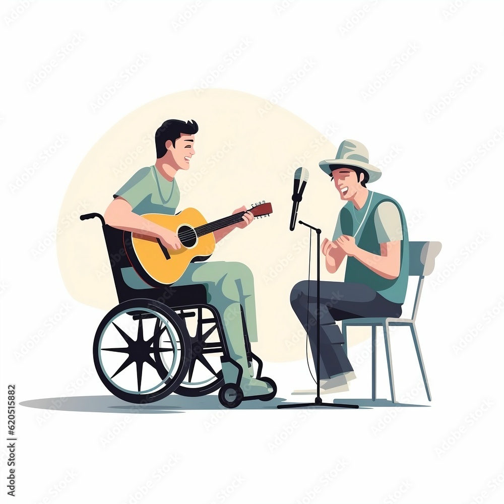 Flat design showcases man and wheelchair-disabled person creating music on stage Flat design showcases man and wheelchair-disabled person creating music on stage