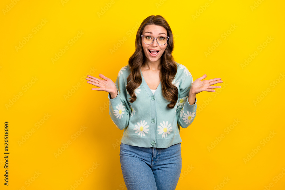 Photo of young excited girl wear stylish outfit new eyeglasses surprised how vision lenses correction helps isolated on yellow color background Photo of young excited girl wear stylish outfit new eyeglasses surprised how vision lenses correction helps isolated on yellow color background