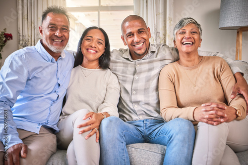 Funny portrait, big family and smile in home living room, bonding and laughing. Care, senior parents and happy man and woman relax on sofa, having fun and enjoying quality time together in house.