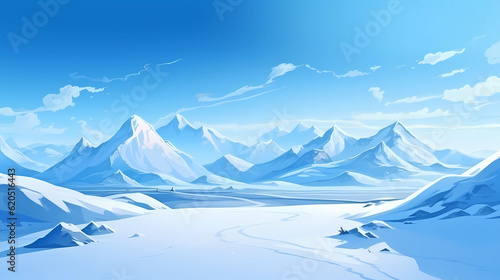 Hand drawn cartoon beautiful winter snow mountain illustration 