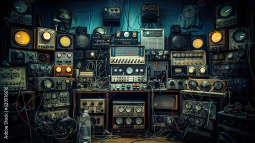 many old electronic instruments and vintage radios photo