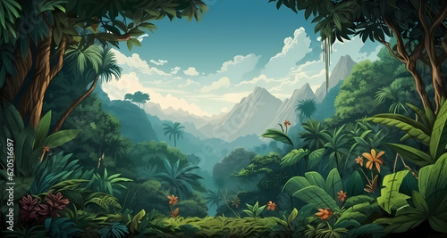 Obraz na płótnie Hand-drawn cartoon beautiful illustration of primitive tropical rainforest
w salonie