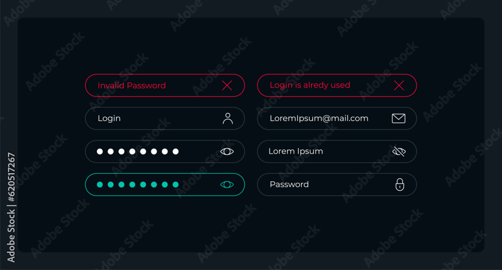 Login page UI elements kit. Adding information isolated vector components. Flat navigation menus and interface buttons template. Web design widget collection for mobile application with dark theme