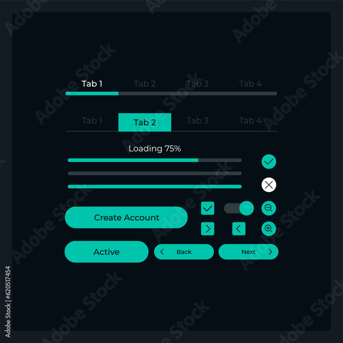 User registration UI elements kit. New account isolated vector components. Flat navigation menus and interface buttons template. Web design widget collection for mobile application with dark theme