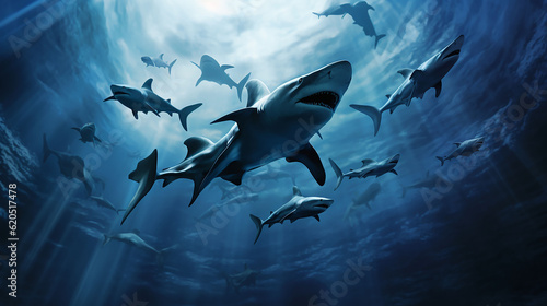 A school of hammerhead sharks in the deep sea., Generative AI