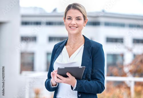 Business, outdoor and woman with a tablet, portrait and inspector with online checklist, website information and smile. Face, female person or employee with technology, outside or internet connection photo