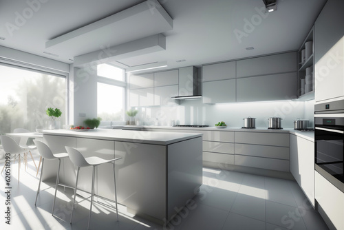 Modern interior of a large kitchen with modular furniture in white color