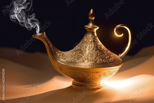 Gold Aladdin's magic lamp stands on the sand in the desert. Fairytale object. AI generation