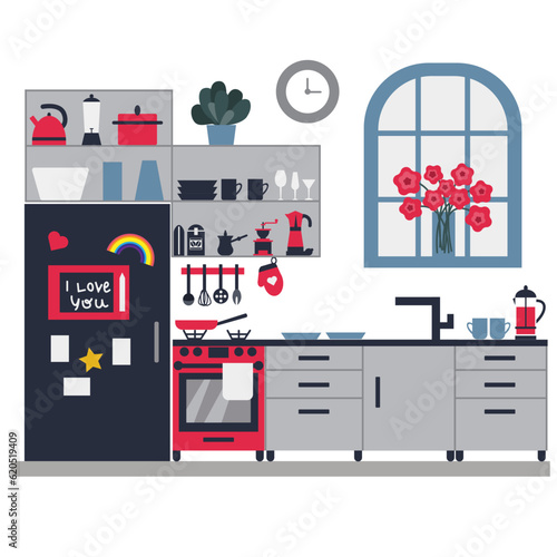 Cozy kitchen interior with furniture, window and coffee machine. With fridge magnets and all sorts of accessories.