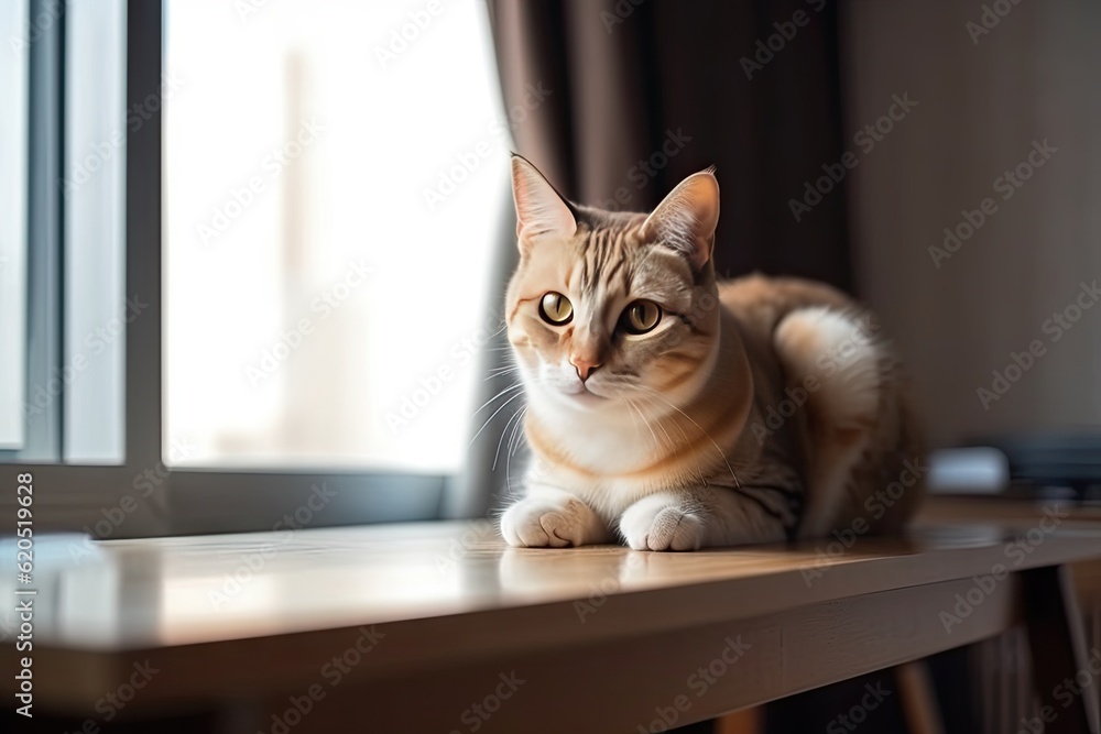 Fluffy Cat Sitting in a Lovely Living Room, Adorable Pet with Copy Space and Friendly Concept in the Background Fluffy Cat Sitting in a Lovely Living Room, Adorable Pet with Copy Space and Friendly Concept in the Background