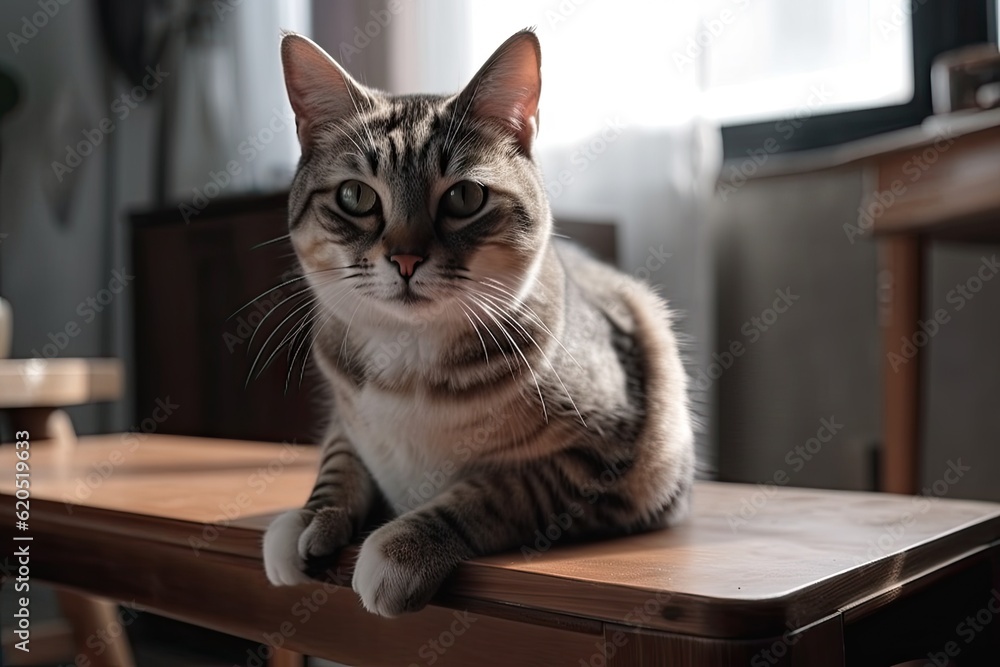 Fluffy Cat Sitting in a Lovely Living Room, Adorable Pet with Copy Space and Friendly Concept in the Background Fluffy Cat Sitting in a Lovely Living Room, Adorable Pet with Copy Space and Friendly Concept in the Background