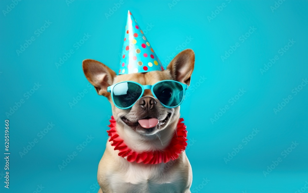 Cute dog in Party Hat and Sunglasses over blue background, Funny Pet Celebrating, bithday banner