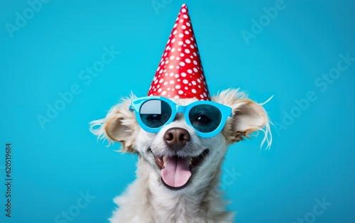 Funny Pet Celebrating, Cute dog in red Party Hat and Sunglasses over blue background, bithday banner © lanters_fla