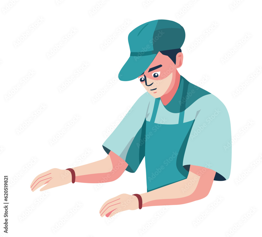 A young adult in a green cap and apron A young adult in a green cap and apron
