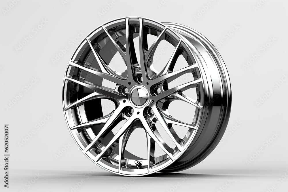 A sporty car wheel rim with a pure white background