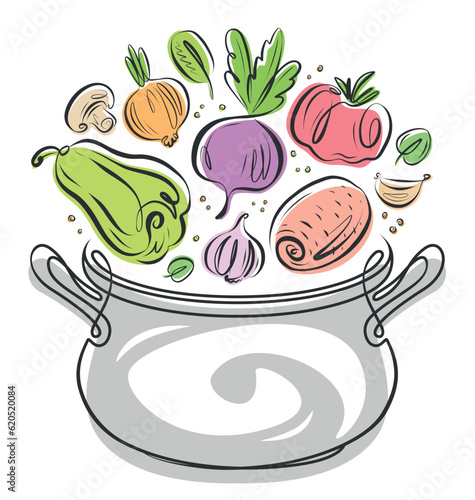 Fresh farm vegetables and kitchen pot. Food cooking ingredients in saucepan. Vector illustration