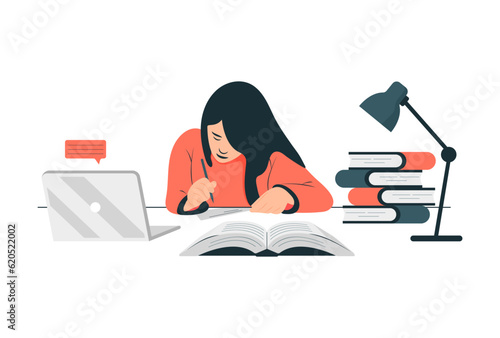 A girl student sitting at her books. Minimalism