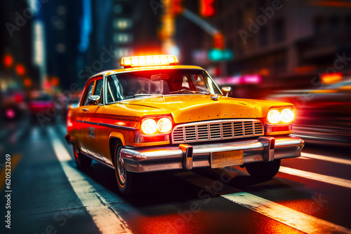 Taxi cab driving down street next to traffic light at night. Generative AI.